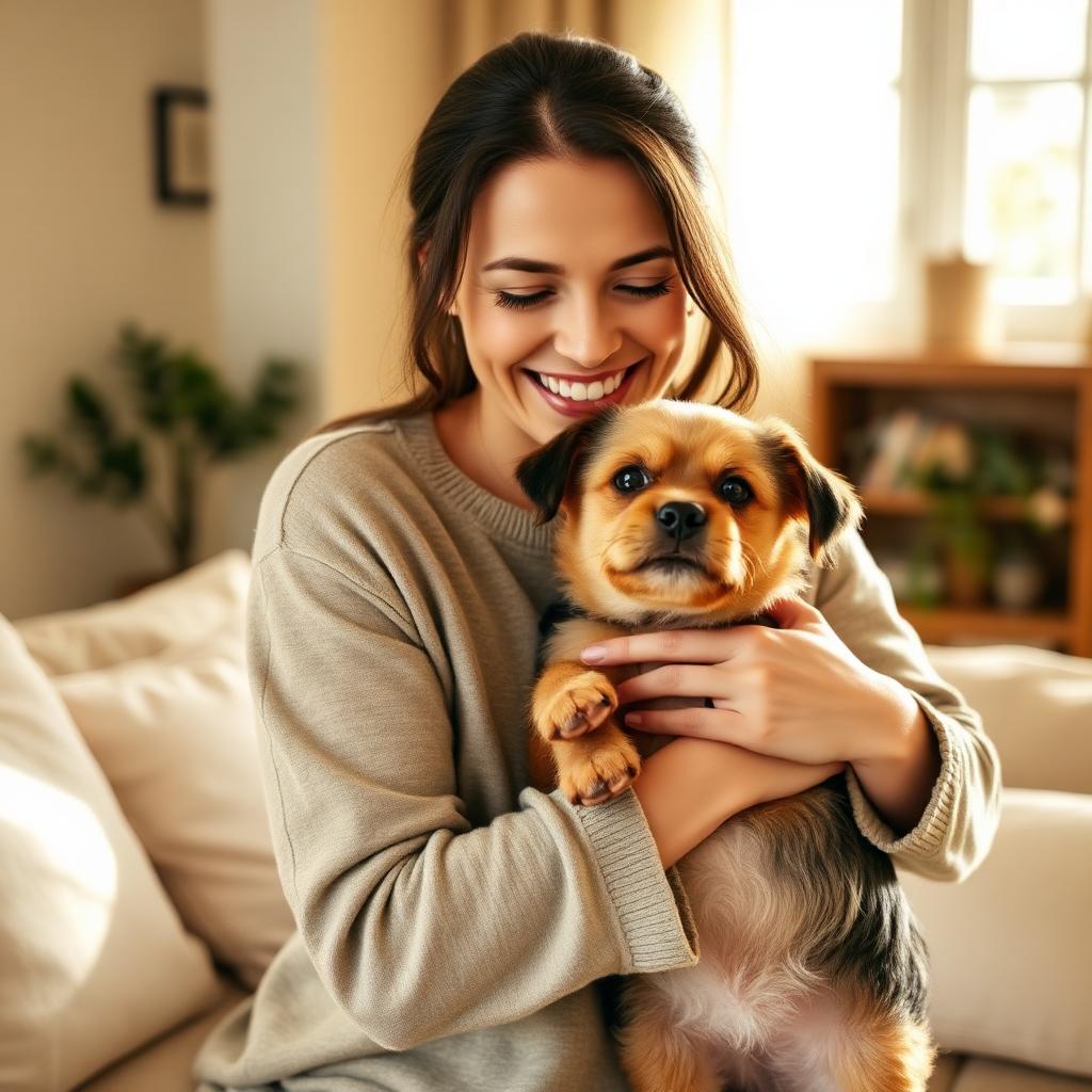 Tutora feliz educando a su perro con refuerzo positivo